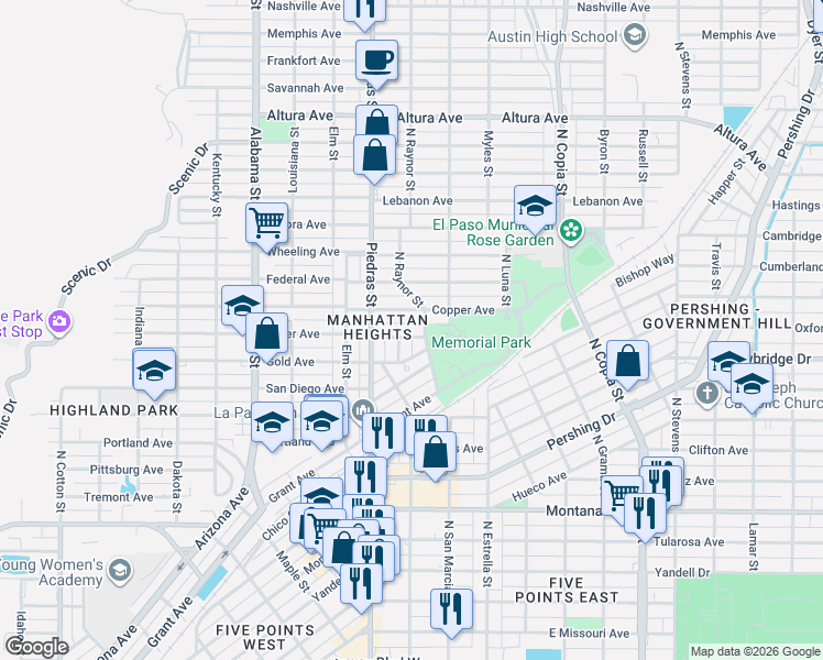 map of restaurants, bars, coffee shops, grocery stores, and more near 3015 Silver Avenue in El Paso