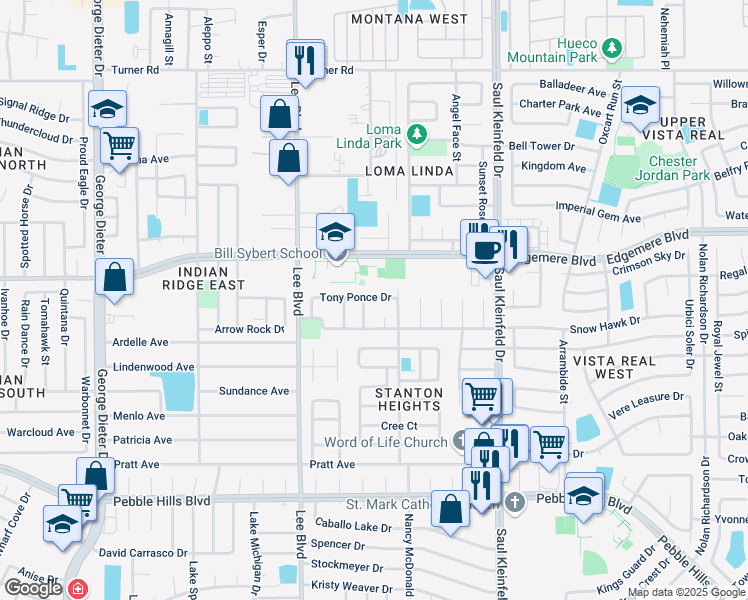 map of restaurants, bars, coffee shops, grocery stores, and more near 11556 Tony Ponce Drive in El Paso