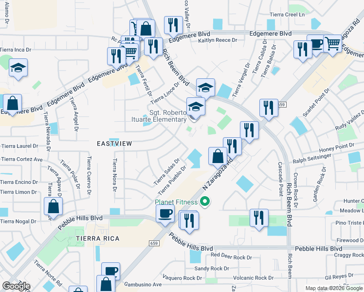 map of restaurants, bars, coffee shops, grocery stores, and more near 12856 Tierra Ayala Drive in El Paso