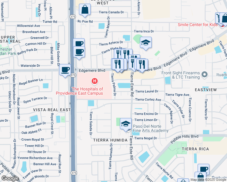 map of restaurants, bars, coffee shops, grocery stores, and more near 3225 Tierra Palma Drive in El Paso