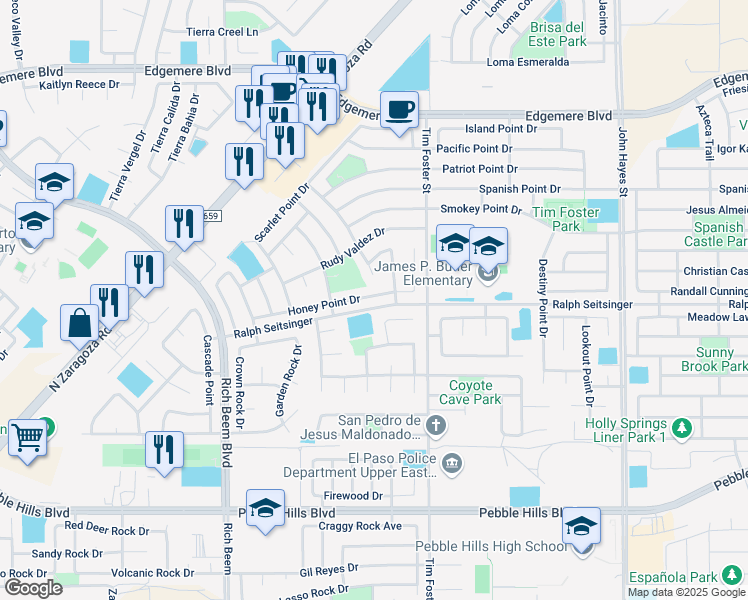 map of restaurants, bars, coffee shops, grocery stores, and more near 14229 Coyote Hill in El Paso