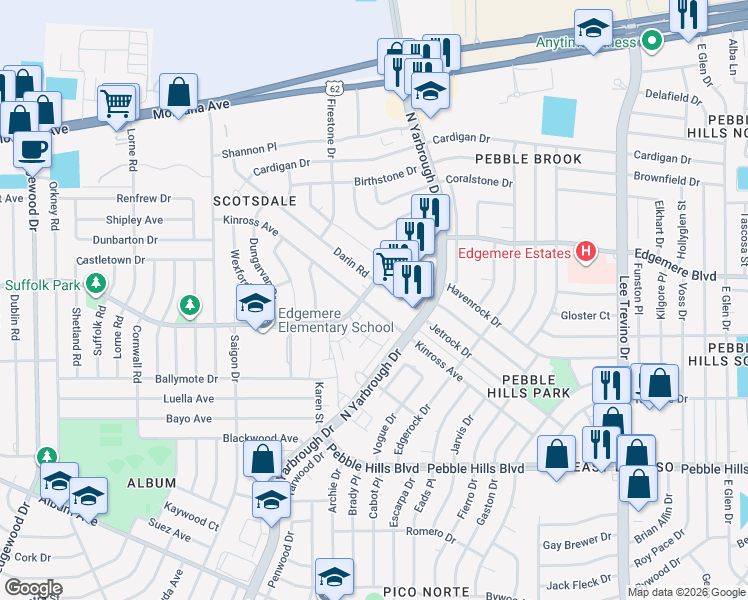 map of restaurants, bars, coffee shops, grocery stores, and more near 10563 Kinross Avenue in El Paso
