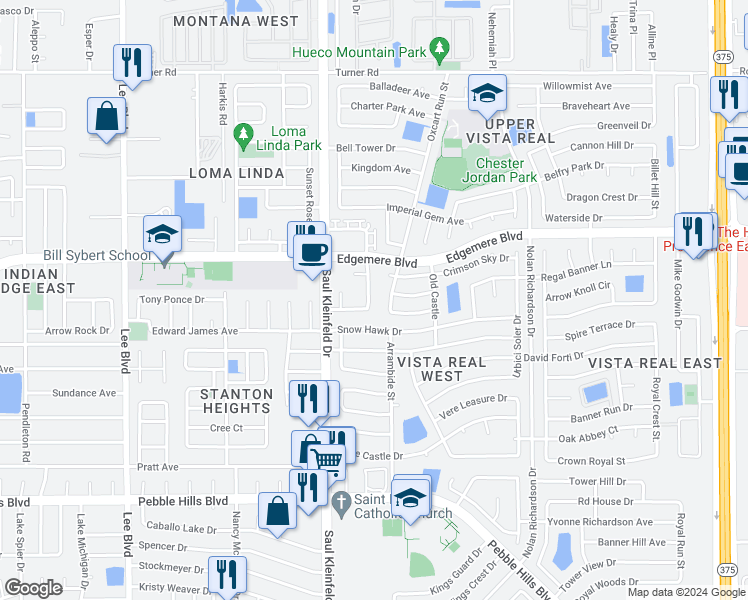 map of restaurants, bars, coffee shops, grocery stores, and more near 3308 Blue Earth Lane in El Paso