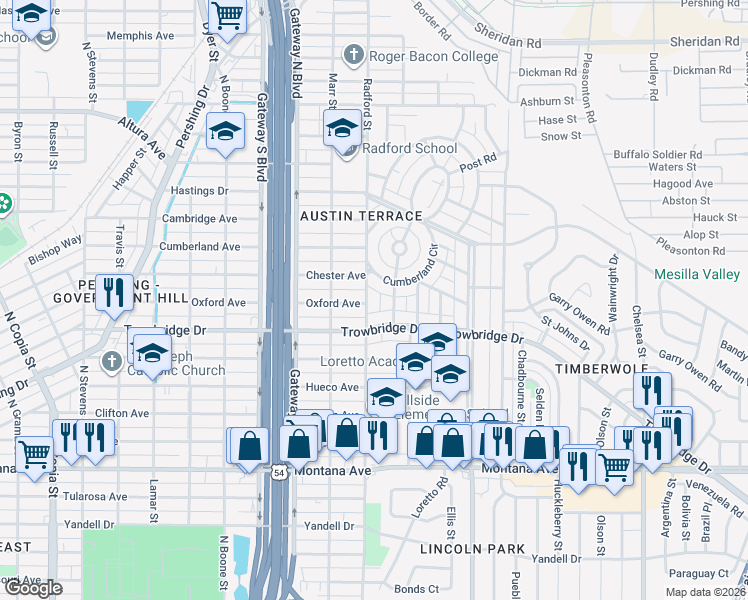 map of restaurants, bars, coffee shops, grocery stores, and more near 1514 Radford Street in El Paso