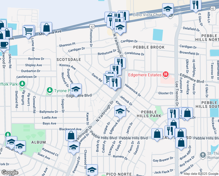 map of restaurants, bars, coffee shops, grocery stores, and more near 10563 Kinross Avenue in El Paso
