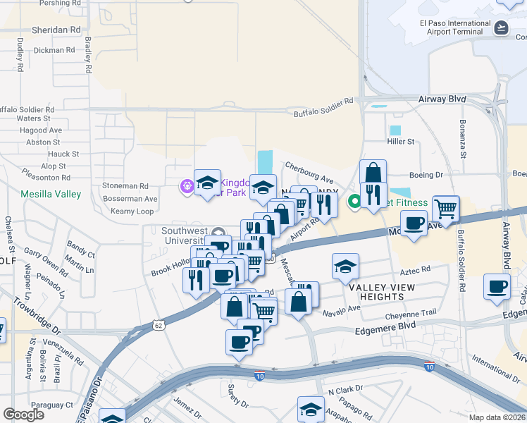 map of restaurants, bars, coffee shops, grocery stores, and more near 6201 Hughey Circle in El Paso