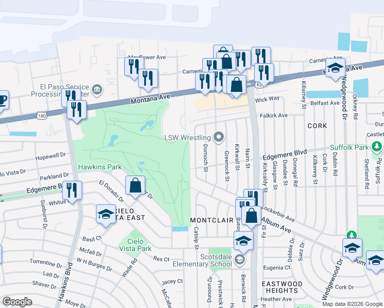 map of restaurants, bars, coffee shops, grocery stores, and more near 3409 Aberdeen Street in El Paso