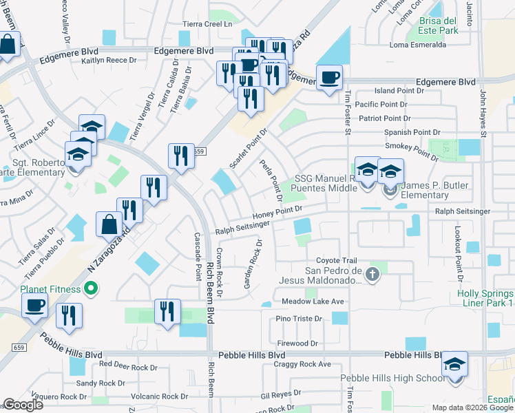 map of restaurants, bars, coffee shops, grocery stores, and more near 3213 Scarlet Point Drive in El Paso