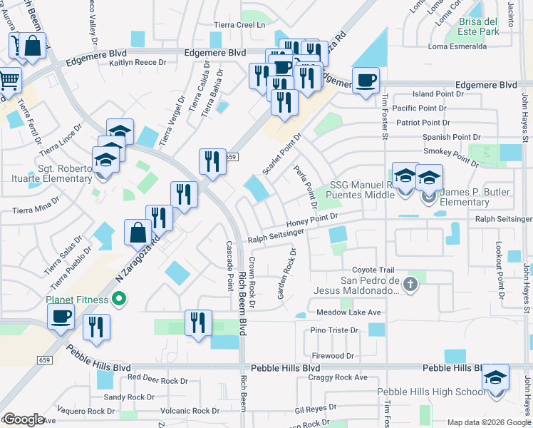 map of restaurants, bars, coffee shops, grocery stores, and more near 3221 Bell Point Drive in El Paso