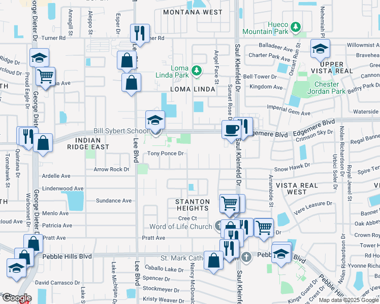 map of restaurants, bars, coffee shops, grocery stores, and more near 3319 Arroyos Place in El Paso