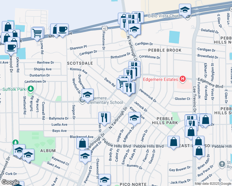 map of restaurants, bars, coffee shops, grocery stores, and more near 10563 Kinross Avenue in El Paso