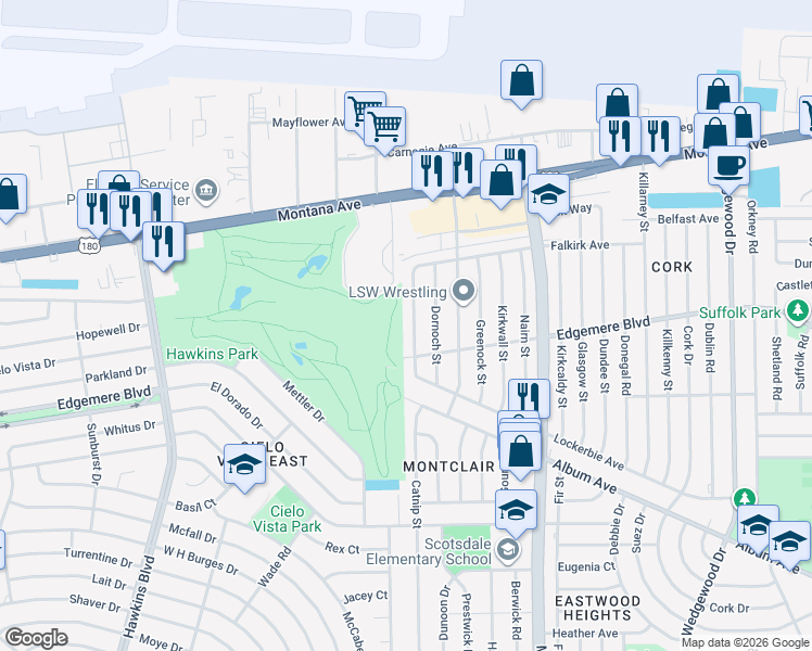 map of restaurants, bars, coffee shops, grocery stores, and more near 3409 Aberdeen Street in El Paso