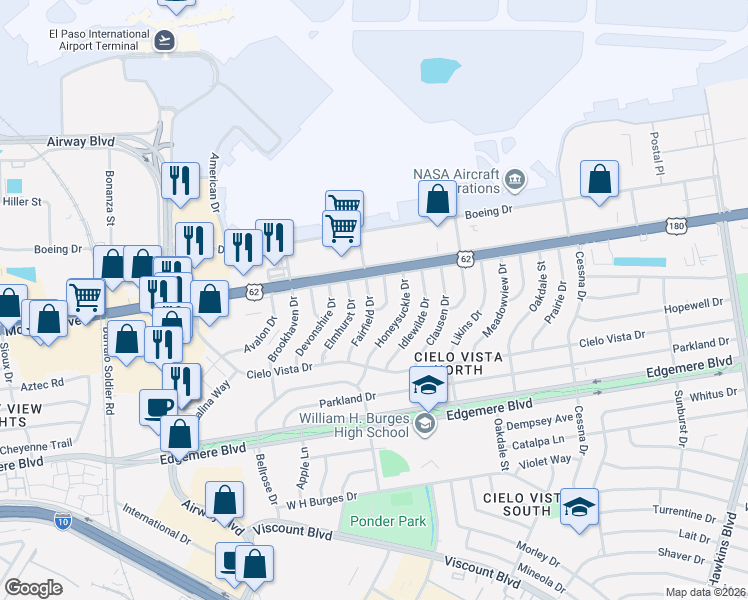map of restaurants, bars, coffee shops, grocery stores, and more near 1416 Elmhurst Drive in El Paso