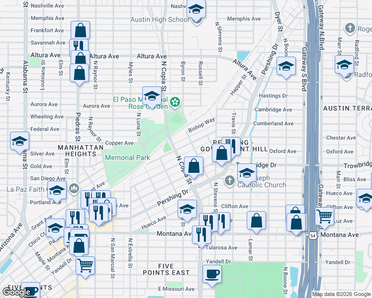 map of restaurants, bars, coffee shops, grocery stores, and more near 3619 Bisbee Avenue in El Paso