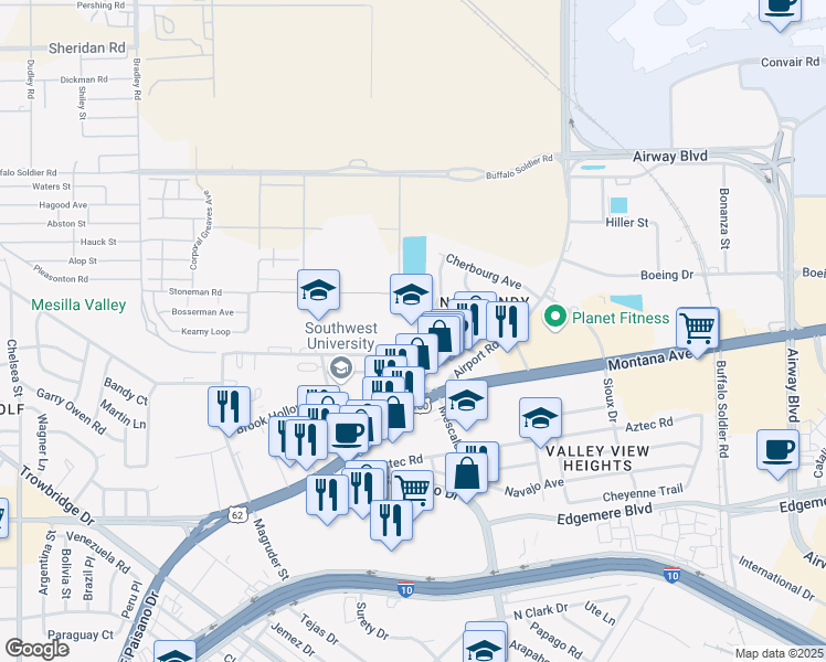 map of restaurants, bars, coffee shops, grocery stores, and more near 6201 Hughey Drive in El Paso