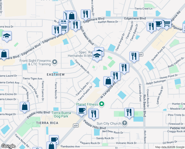map of restaurants, bars, coffee shops, grocery stores, and more near 3252 Tierra Bowles Drive in El Paso