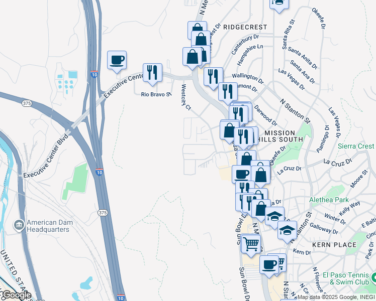 map of restaurants, bars, coffee shops, grocery stores, and more near 4111 Westcity Court in El Paso