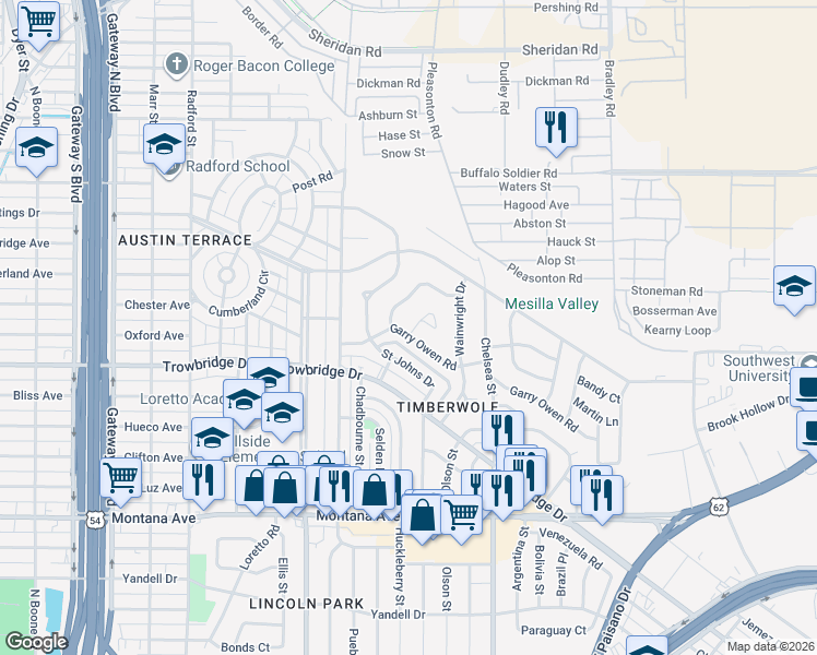 map of restaurants, bars, coffee shops, grocery stores, and more near 1504 Saint Johns Drive in El Paso