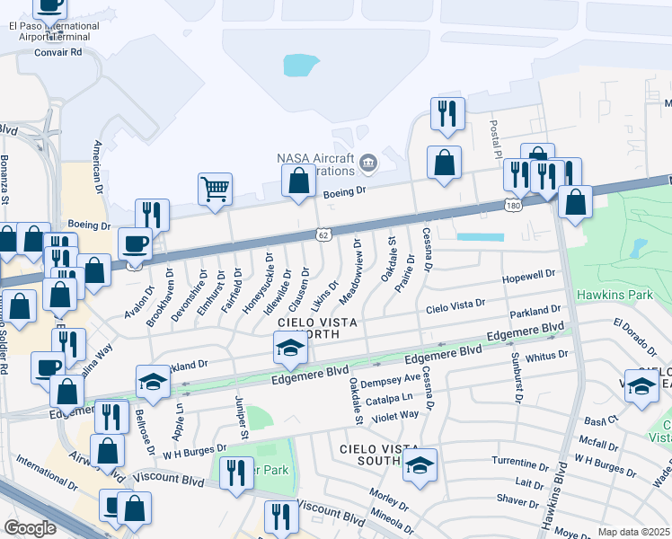 map of restaurants, bars, coffee shops, grocery stores, and more near 1409 Likins Drive in El Paso