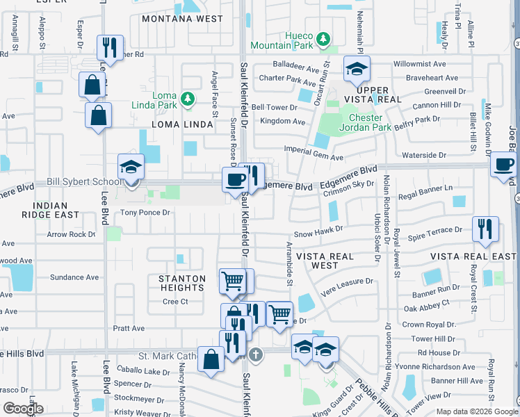 map of restaurants, bars, coffee shops, grocery stores, and more near 11725 Snow Cloud Court in El Paso