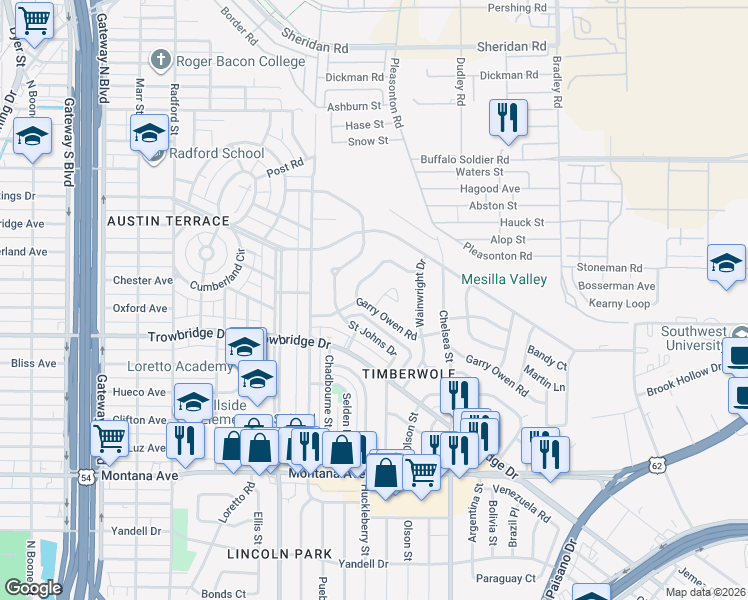 map of restaurants, bars, coffee shops, grocery stores, and more near 1504 Saint Johns Drive in El Paso