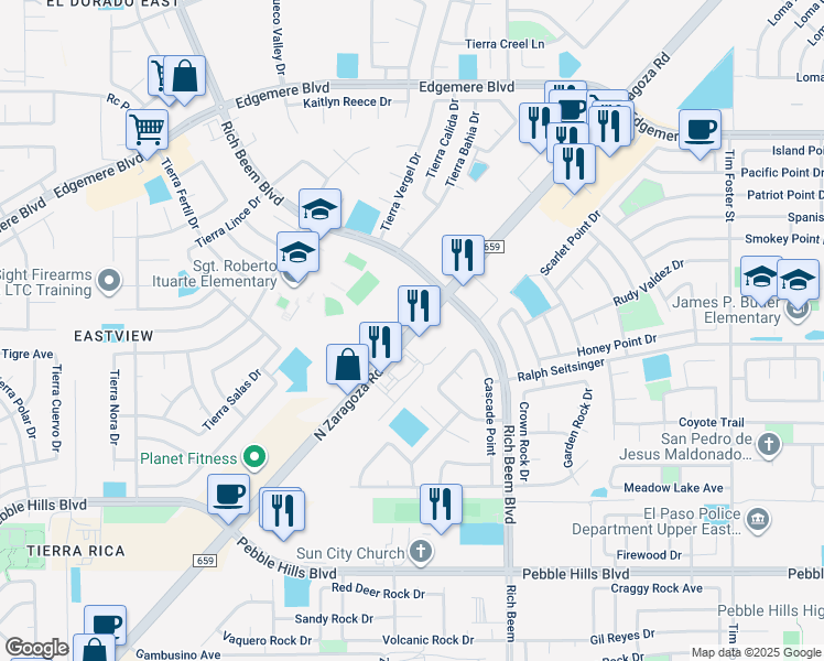 map of restaurants, bars, coffee shops, grocery stores, and more near 3260 North Zaragoza Road in El Paso