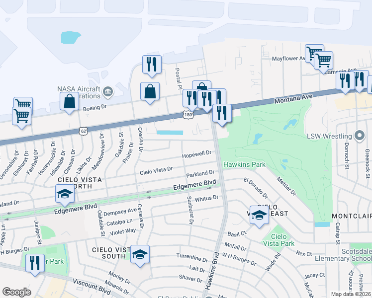 map of restaurants, bars, coffee shops, grocery stores, and more near 8600 Hopewell Drive in El Paso