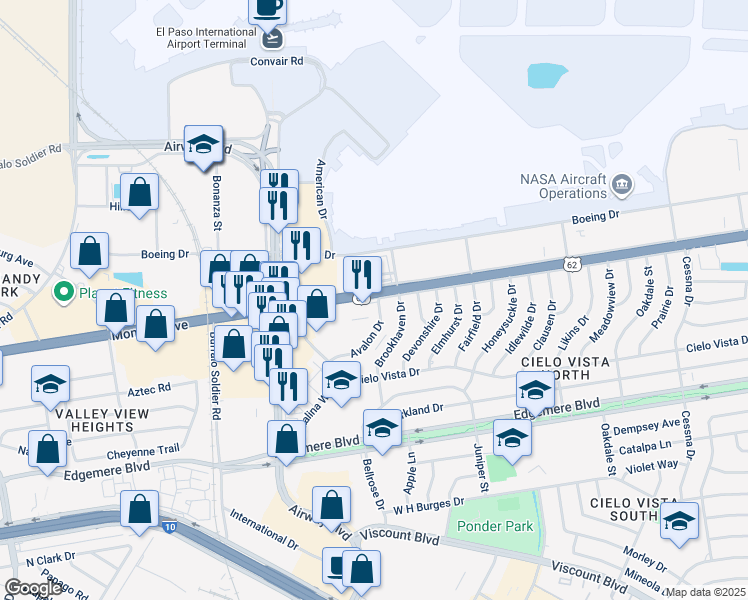 map of restaurants, bars, coffee shops, grocery stores, and more near Sunglow Avenue in El Paso