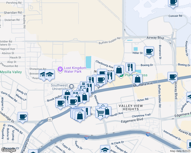 map of restaurants, bars, coffee shops, grocery stores, and more near 6346 Normandy Drive in El Paso