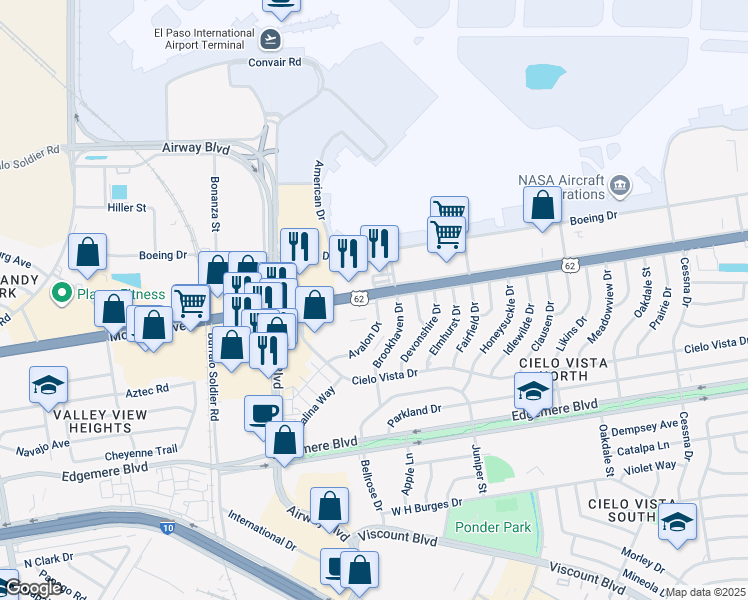 map of restaurants, bars, coffee shops, grocery stores, and more near Sunglow Avenue in El Paso