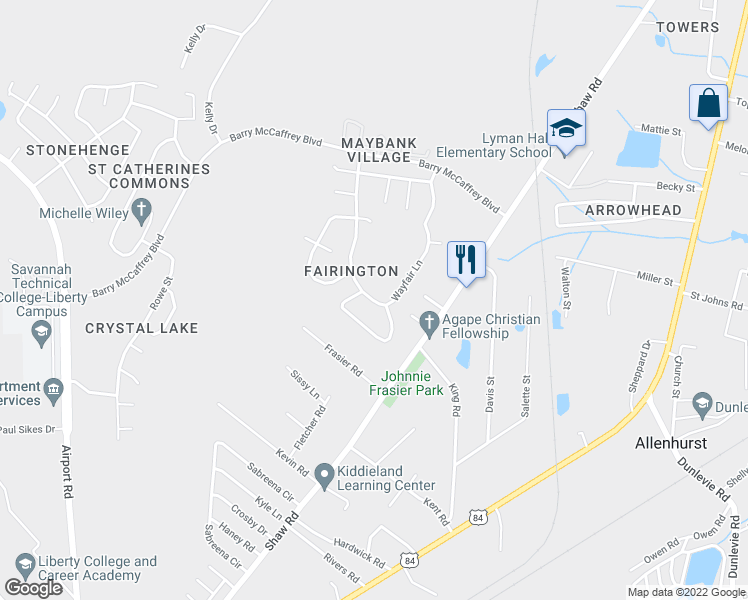 map of restaurants, bars, coffee shops, grocery stores, and more near 147 Wayfair Lane in Hinesville