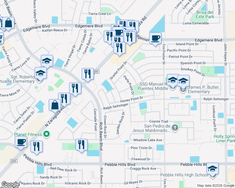 map of restaurants, bars, coffee shops, grocery stores, and more near 3233 Scarlet Point Drive in El Paso