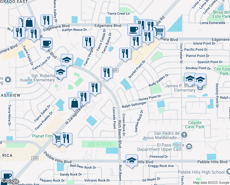 map of restaurants, bars, coffee shops, grocery stores, and more near 3249 Derby Point Drive in El Paso