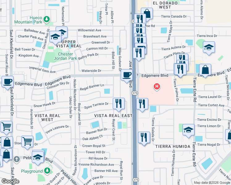 map of restaurants, bars, coffee shops, grocery stores, and more near 3357 Mike Godwin Drive in El Paso