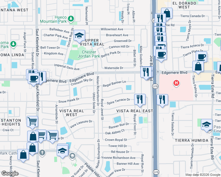 map of restaurants, bars, coffee shops, grocery stores, and more near 11941 Regal Banner Lane in El Paso