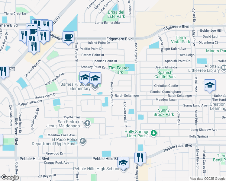 map of restaurants, bars, coffee shops, grocery stores, and more near 14401 Misty Point Court in El Paso