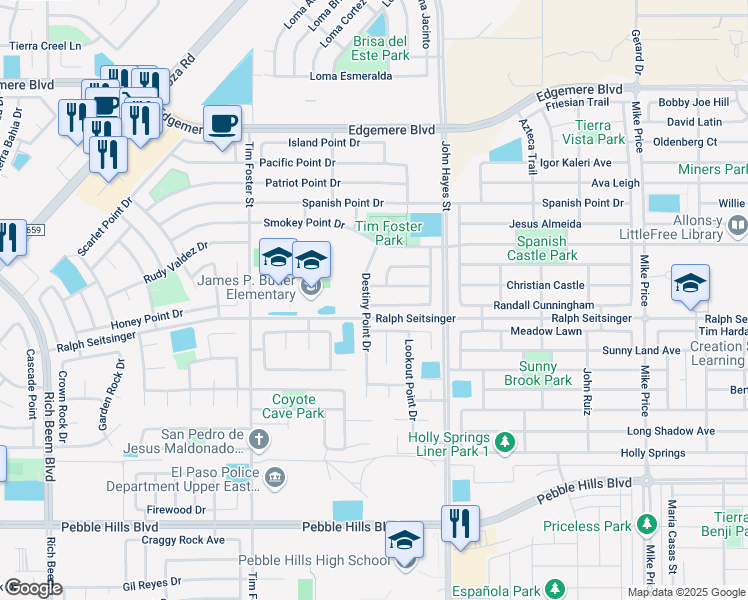 map of restaurants, bars, coffee shops, grocery stores, and more near 14407 Delta Point Court in El Paso