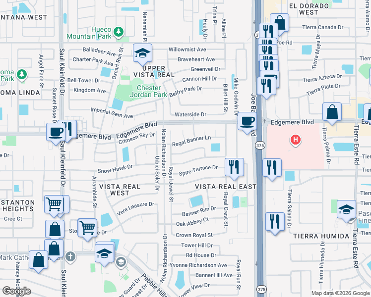 map of restaurants, bars, coffee shops, grocery stores, and more near 11941 Regal Banner Lane in El Paso