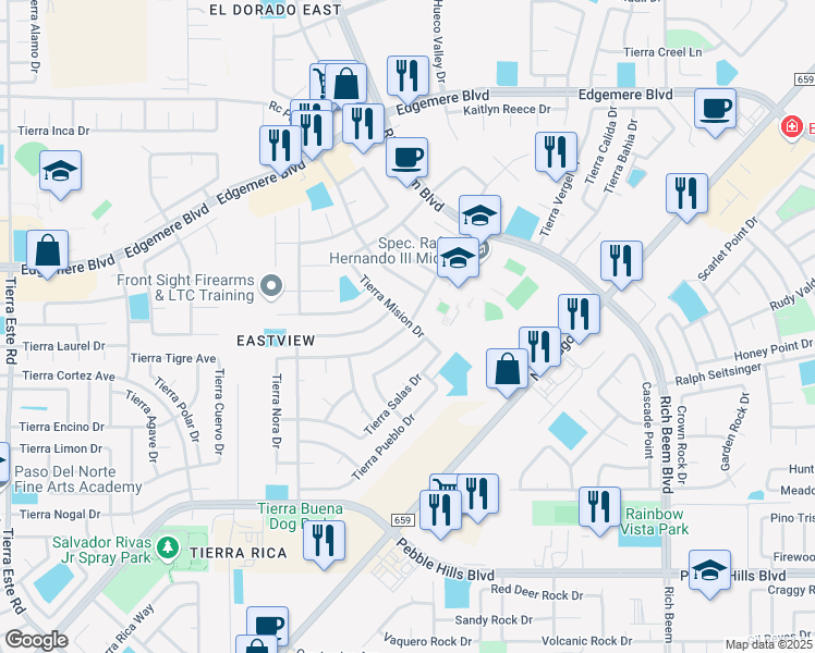 map of restaurants, bars, coffee shops, grocery stores, and more near 12860 Tierra Sonora Drive in El Paso