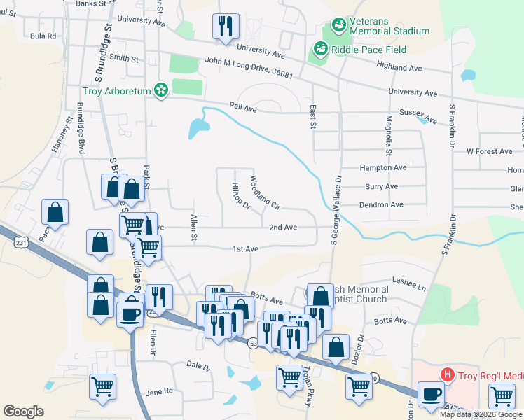 map of restaurants, bars, coffee shops, grocery stores, and more near 101 Hilltop Drive in Troy