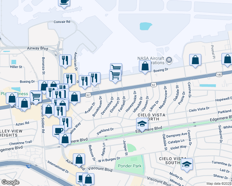 map of restaurants, bars, coffee shops, grocery stores, and more near 7505 Lockheed Drive in El Paso