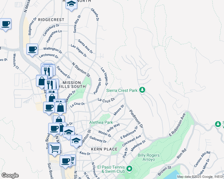 map of restaurants, bars, coffee shops, grocery stores, and more near 3932 Las Vegas Drive in El Paso