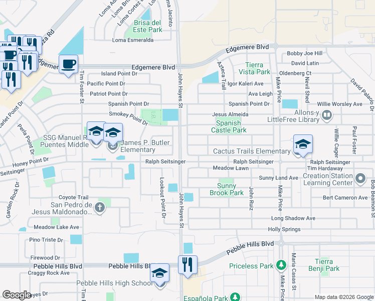 map of restaurants, bars, coffee shops, grocery stores, and more near 3213 Christian Cunningham in El Paso