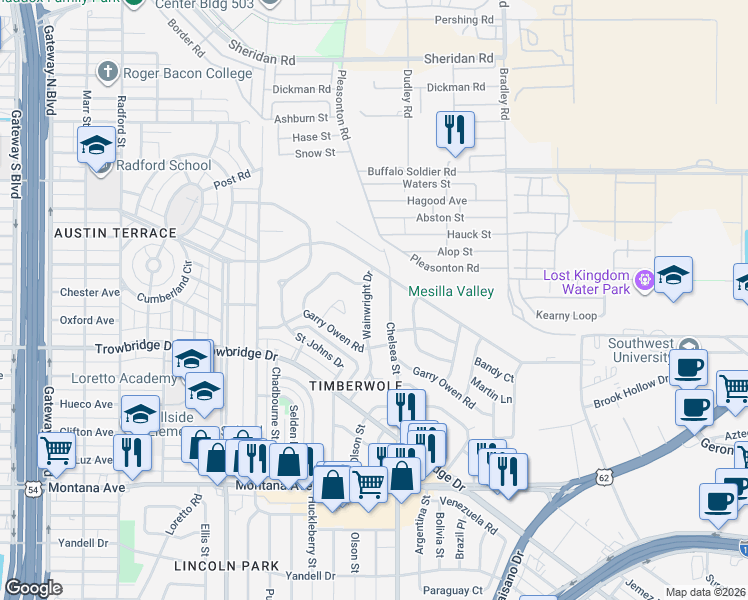map of restaurants, bars, coffee shops, grocery stores, and more near 1816 Wainwright Drive in El Paso