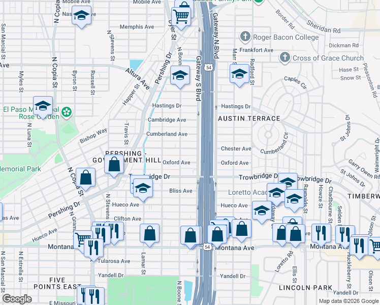 map of restaurants, bars, coffee shops, grocery stores, and more near 4111 Chester Avenue in El Paso