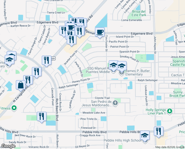 map of restaurants, bars, coffee shops, grocery stores, and more near 3225 Emerald Point Drive in El Paso