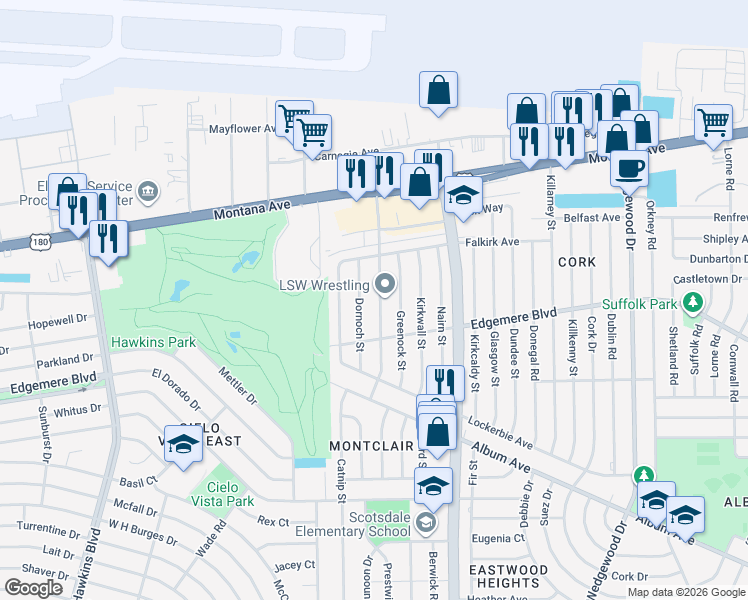 map of restaurants, bars, coffee shops, grocery stores, and more near 3432 Rutherglen Street in El Paso