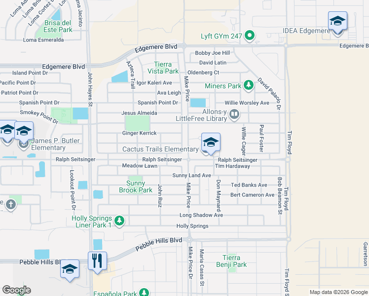 map of restaurants, bars, coffee shops, grocery stores, and more near 14677 Christian Castle in El Paso