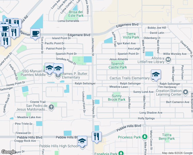 map of restaurants, bars, coffee shops, grocery stores, and more near 3213 Christian Cunningham in El Paso