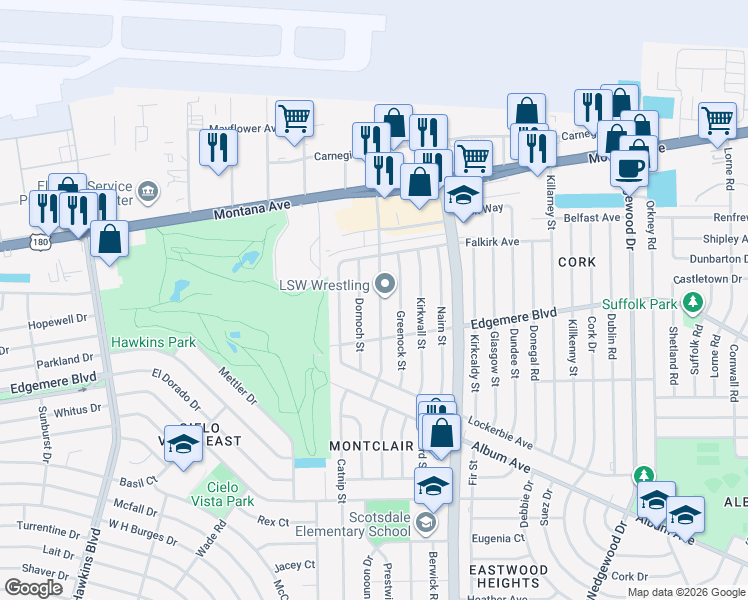 map of restaurants, bars, coffee shops, grocery stores, and more near 3432 Rutherglen Street in El Paso